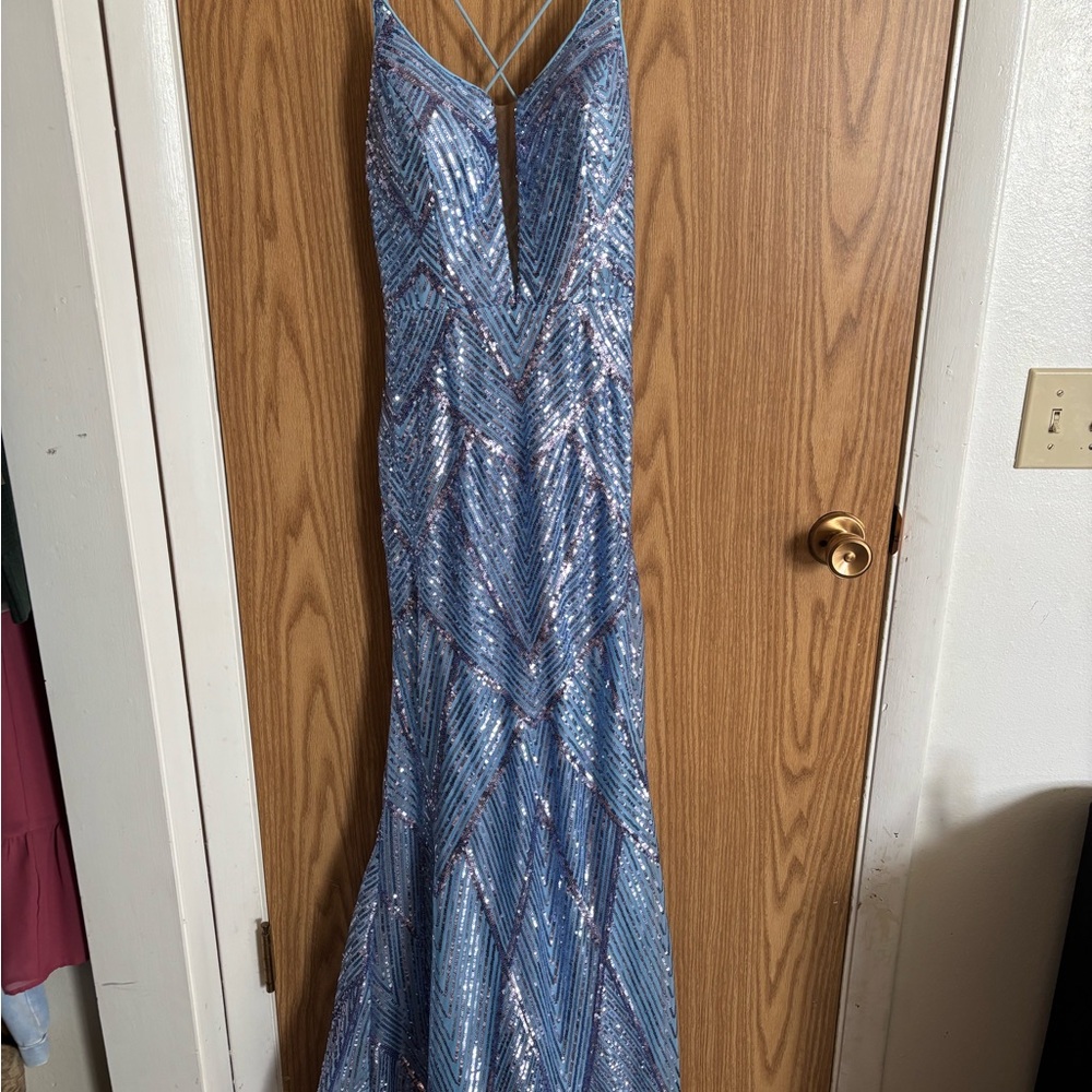 Blue Sequin V-Neck Evening Gown